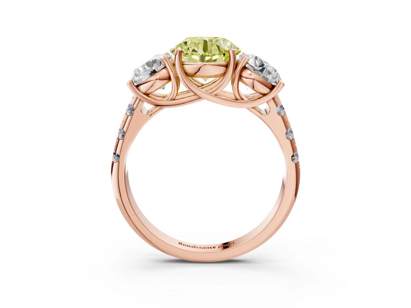 Rose gold Three-Stone Fancy Yellow Round Cut Diamond Pavé Band with Prong Setting