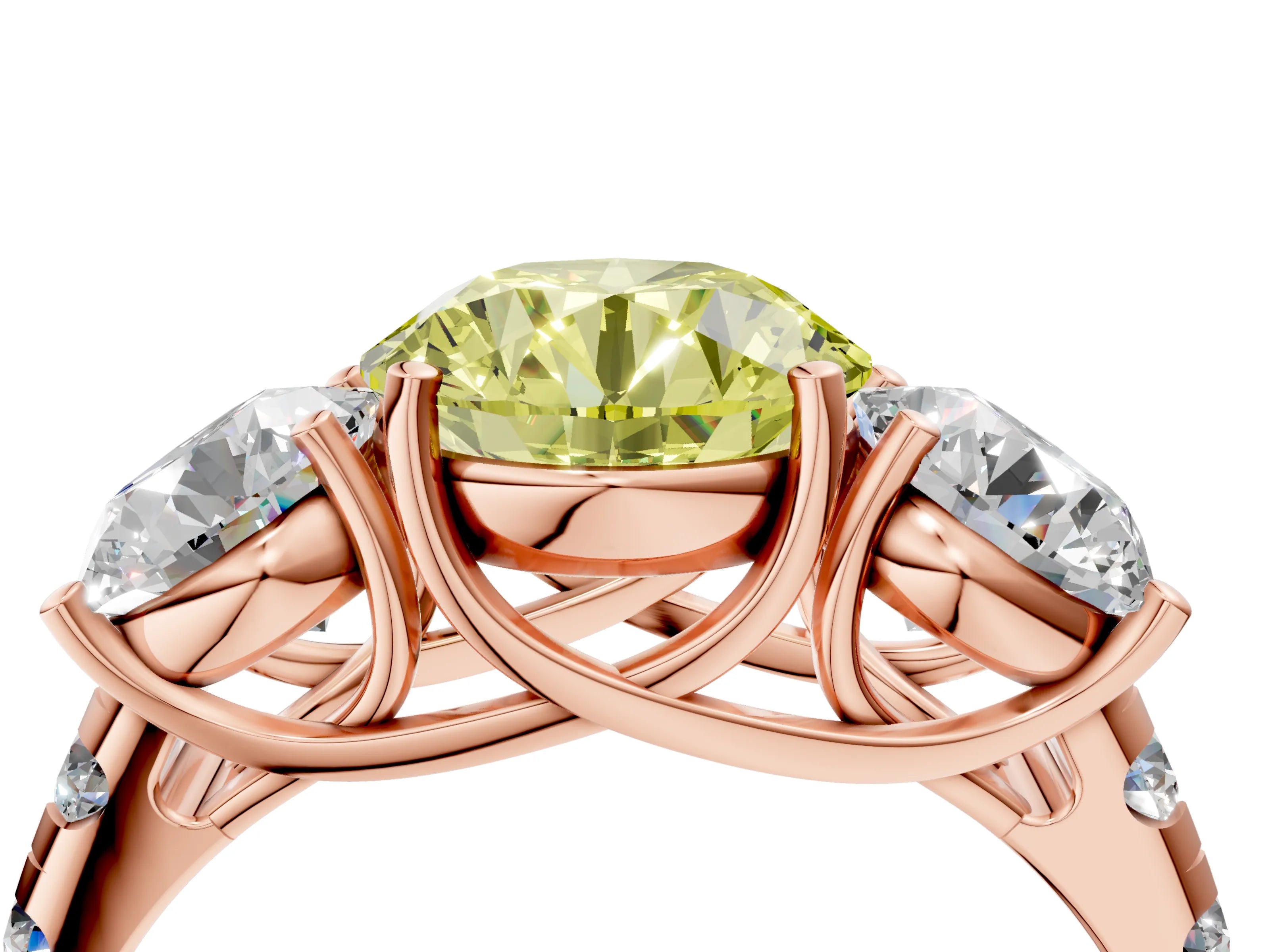 Rose gold Three-Stone Fancy Yellow Round Cut Diamond Pavé Band with Prong Setting_4