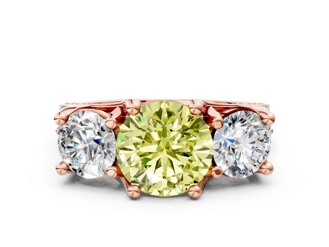 Rose gold Three-Stone Fancy Yellow Round  Cut Diamond Ring with Channel-Set Band and Four-Prong Setting_35