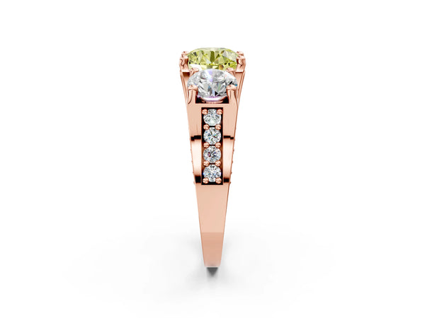 Rose gold Fancy Yellow Round Cut Diamond Three-Stone Ring with Channel Set Band and Four-Prong Setting