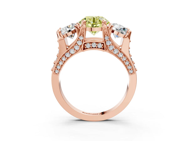 Rose gold Fancy Yellow Round Cut Diamond Three-Stone Ring with Channel Set Band and Four-Prong Setting