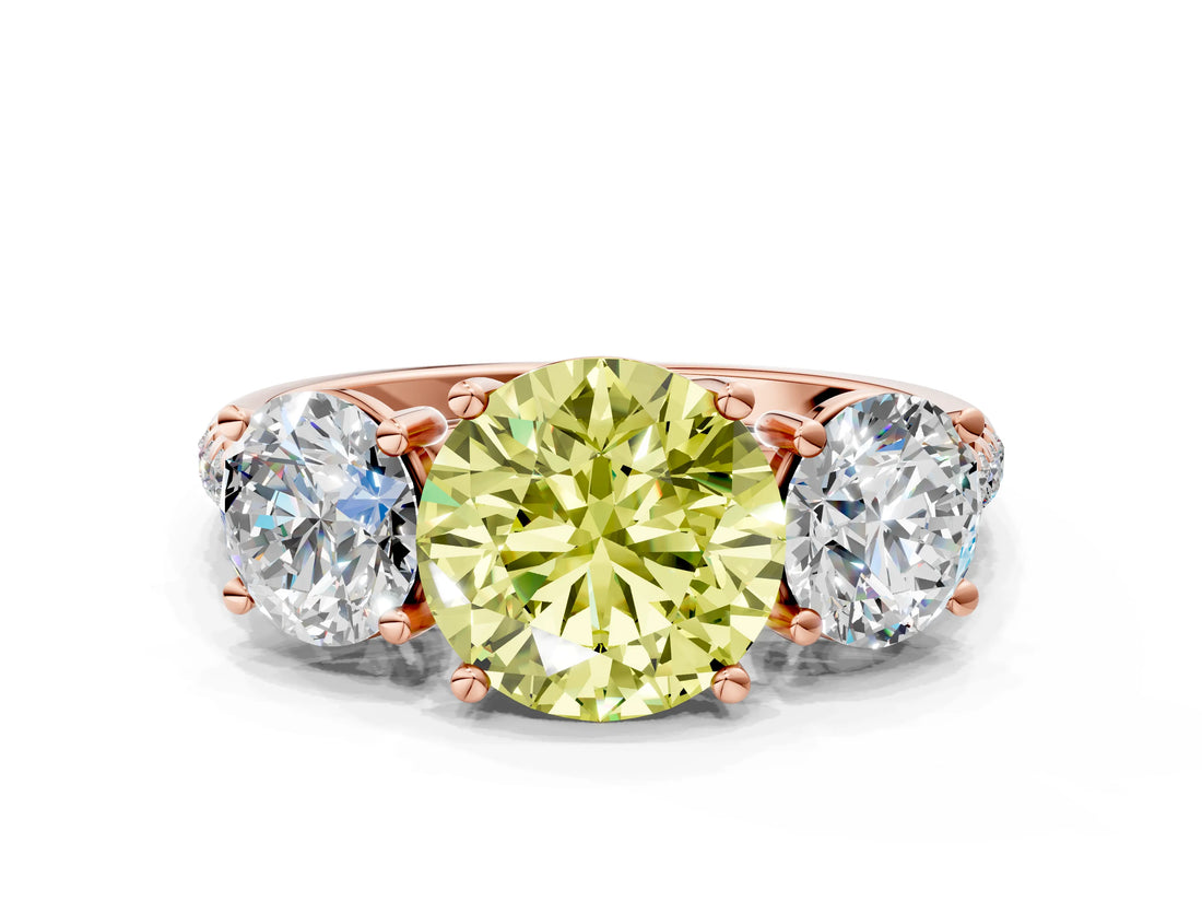 Rose gold Three-Stone Fancy Yellow Round Cut Diamond Ring with Pavé Band and Prong Setting_46