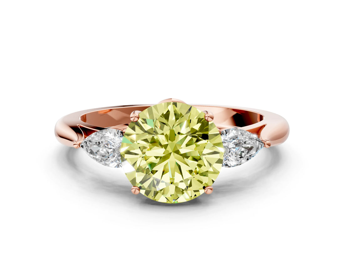 Rose gold Three-Stone Fancy Yellow Round Cut Diamond Ring with Pear  Side Stones in Four-Prong Setting_36