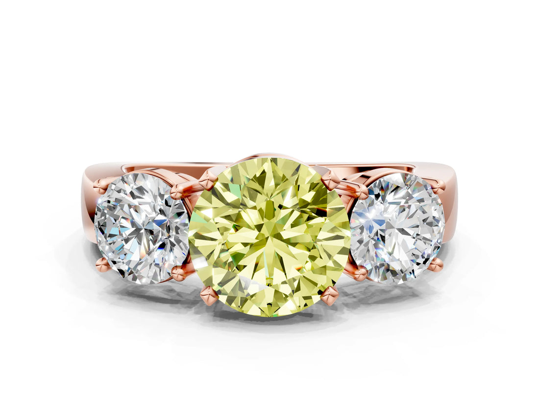 Rose gold Three-Stone Fancy Yellow Round Cut Diamond Ring with Round Side Stones, Classic Band, and Four-Prong Setting