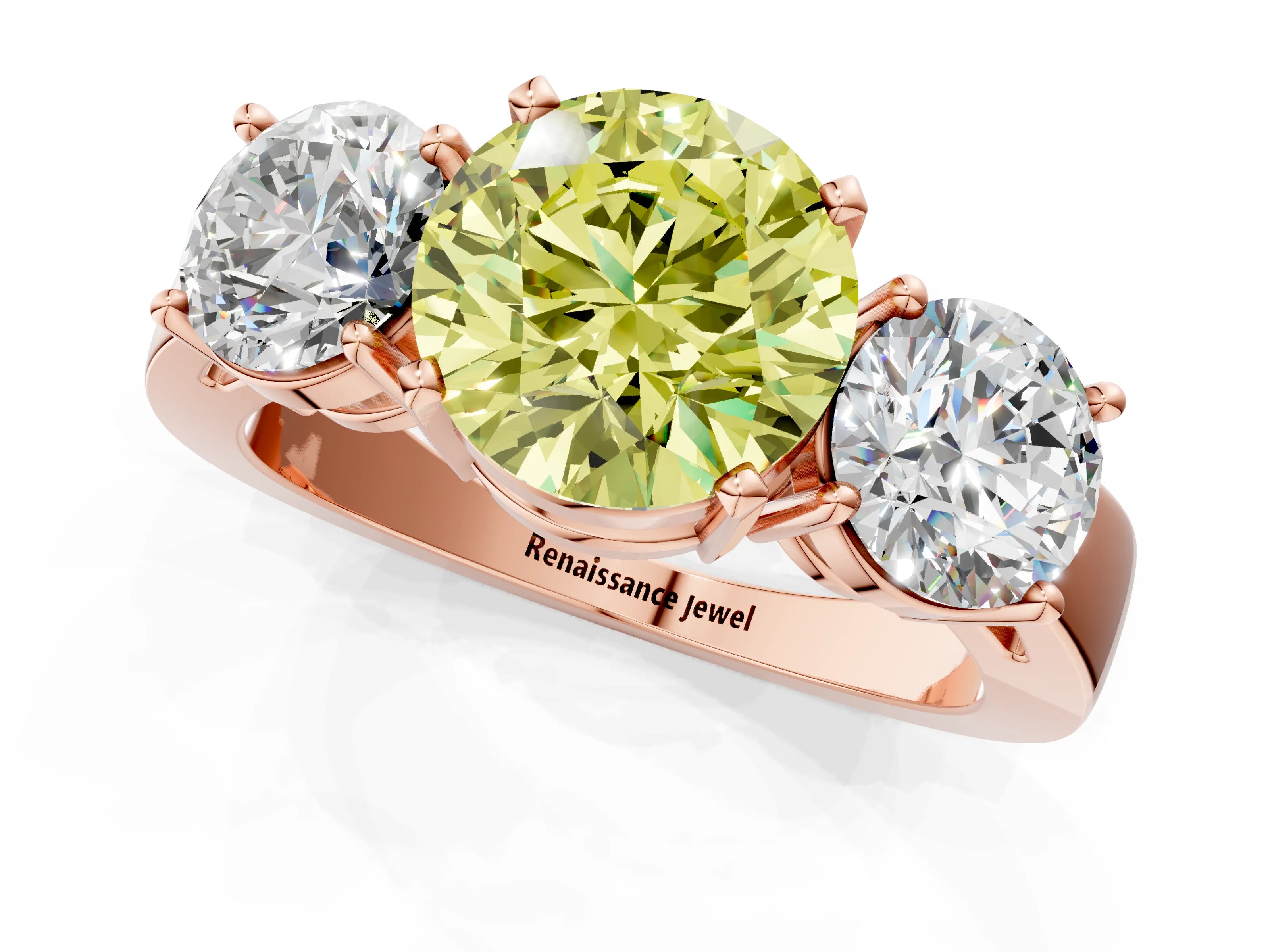 Rose gold Three-Stone Fancy Yellow Round Cut Diamond Ring with Round Side Stones, Classic Band, and Four-Prong Setting_1