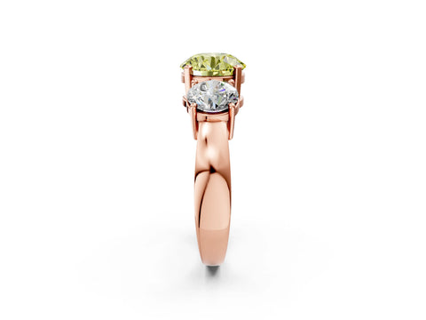 Rose gold Three-Stone Fancy Yellow Round Cut Diamond Ring with Round Side Stones, Classic Band, and Four-Prong Setting_2