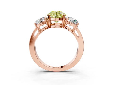 Rose gold Three-Stone Fancy Yellow Round Cut Diamond Ring with Round Side Stones, Classic Band, and Four-Prong Setting_3