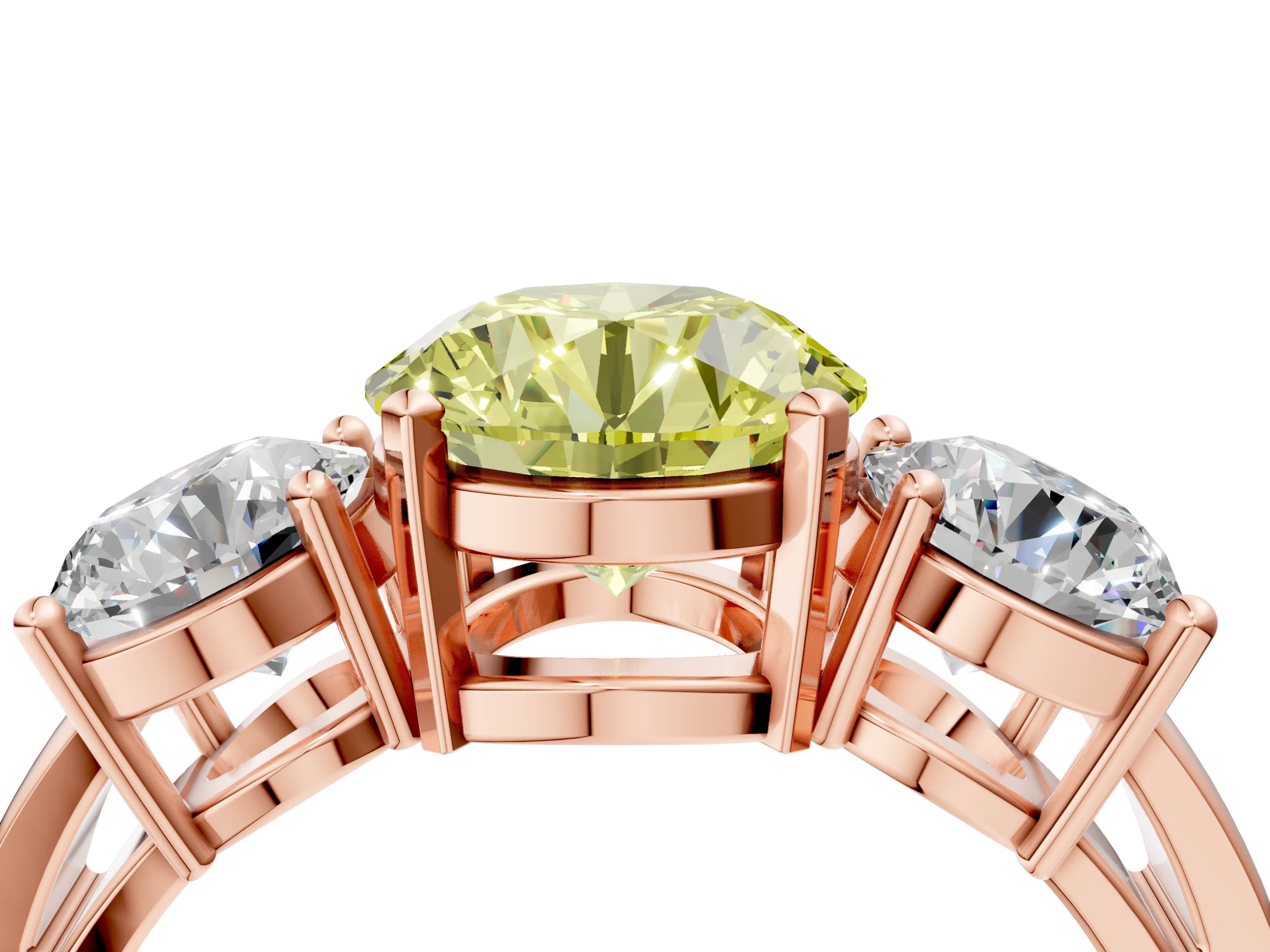 Rose gold Three-Stone Fancy Yellow Round Cut Diamond Ring with Round Side Stones, Classic Band, and Four-Prong Setting_4