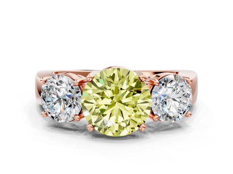 Rose gold Three-Stone Fancy Yellow Round Cut Diamond Ring with Round Side Stones, Classic Band, and Four-Prong Setting
