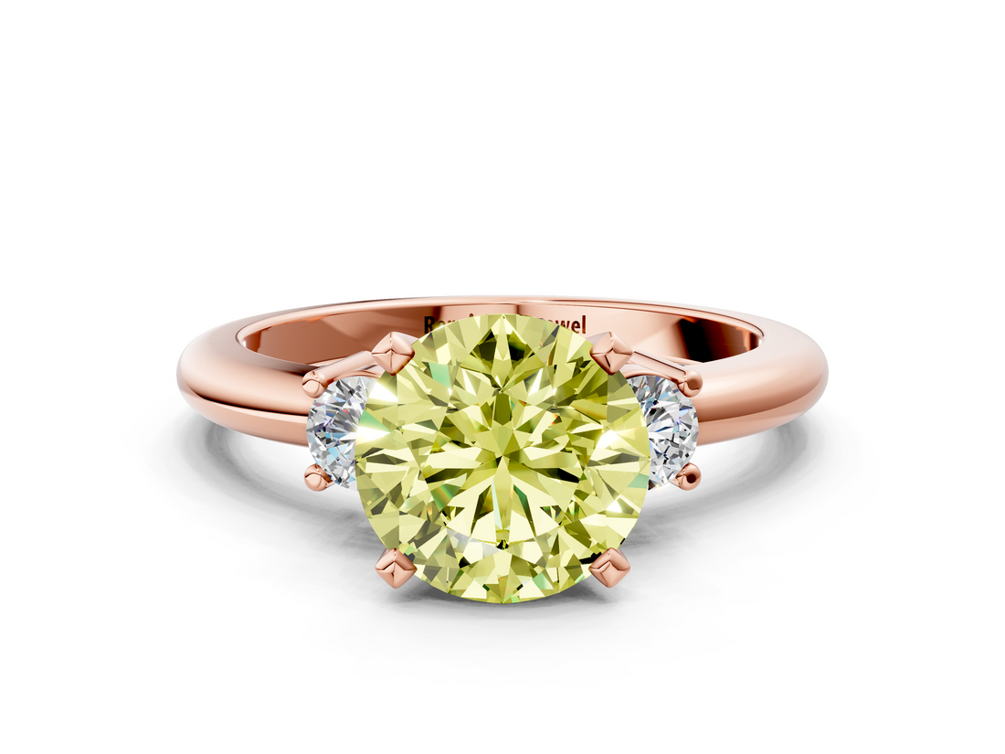 Rose gold Three-Stone Fancy Yellow Round  Cut Diamond Solitaire with Prong Setting and Classic Band