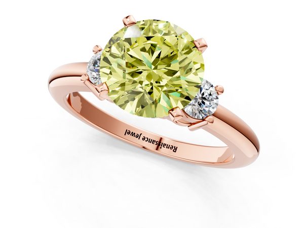 Rose gold Three-Stone Fancy Yellow Round  Cut Diamond Solitaire with Prong Setting and Classic Band