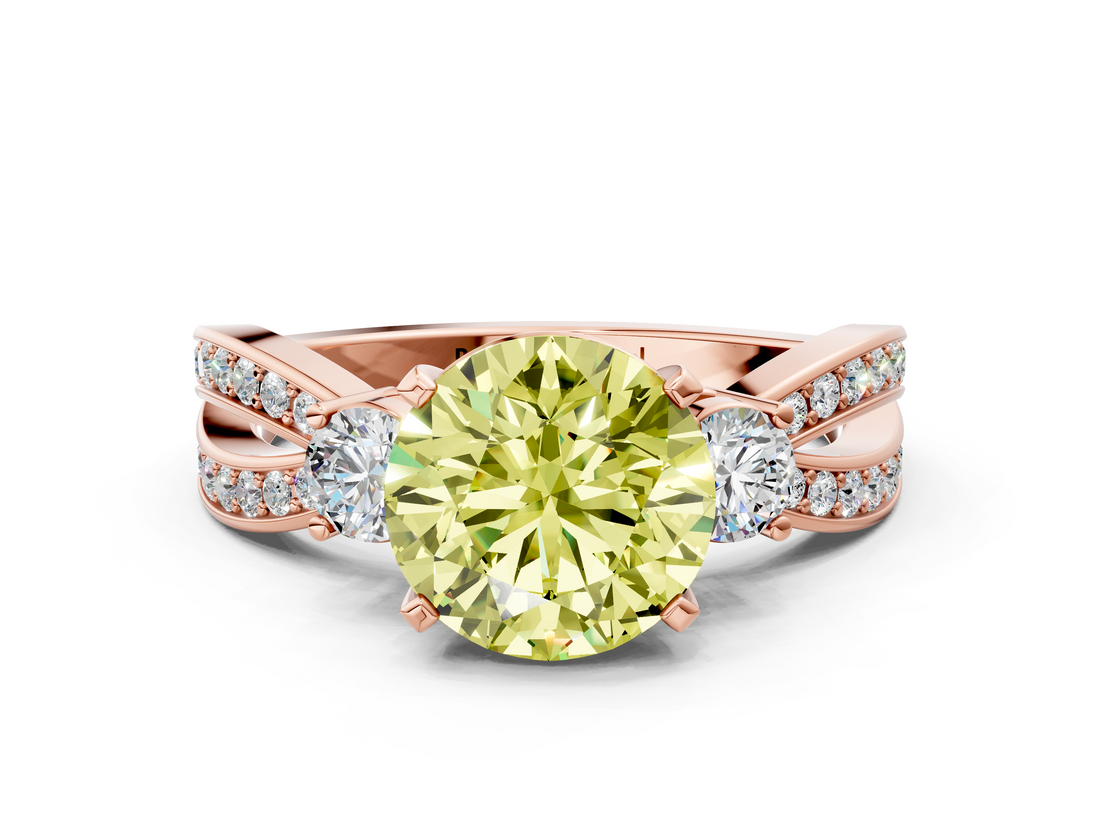 Rose gold Three-Stone Fancy Yellow Round  Cut Diamond Twist Band with Prong Setting