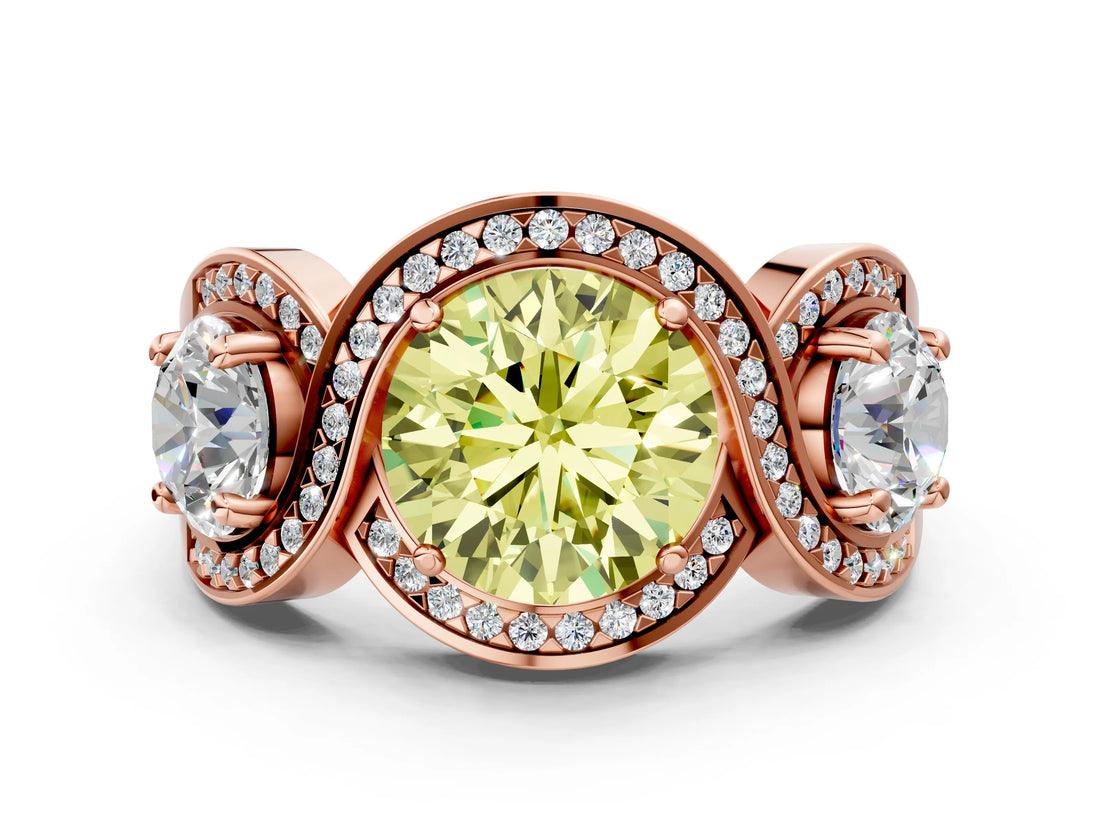 Rose gold Three-Stone Fancy Yellow Round Cut Diamond Wave Pave Band with Prong Setting