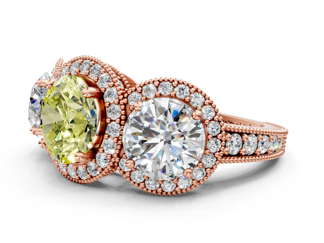 Rose gold Three-Stone Fancy Yellow Round Cut Halo Diamond Milgrain Band with Four-Prong Setting