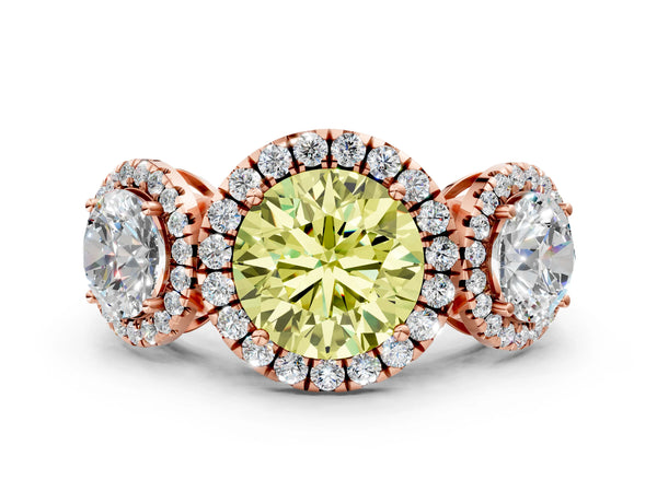 Rose gold Three-Stone Fancy Yellow Round Cut Halo Diamond Ring with Pave Band and Four-Prong Setting