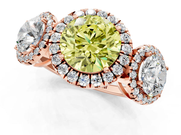 Rose gold Three-Stone Fancy Yellow Round Cut Halo Diamond Ring with Pave Band and Four-Prong Setting