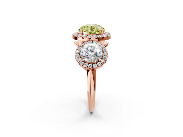 Rose gold Three-Stone Fancy Yellow Round Cut Halo Diamond Ring with Pave Band and Four-Prong Setting