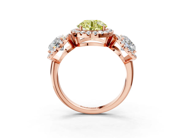 Rose gold Three-Stone Fancy Yellow Round Cut Halo Diamond Ring with Pave Band and Four-Prong Setting