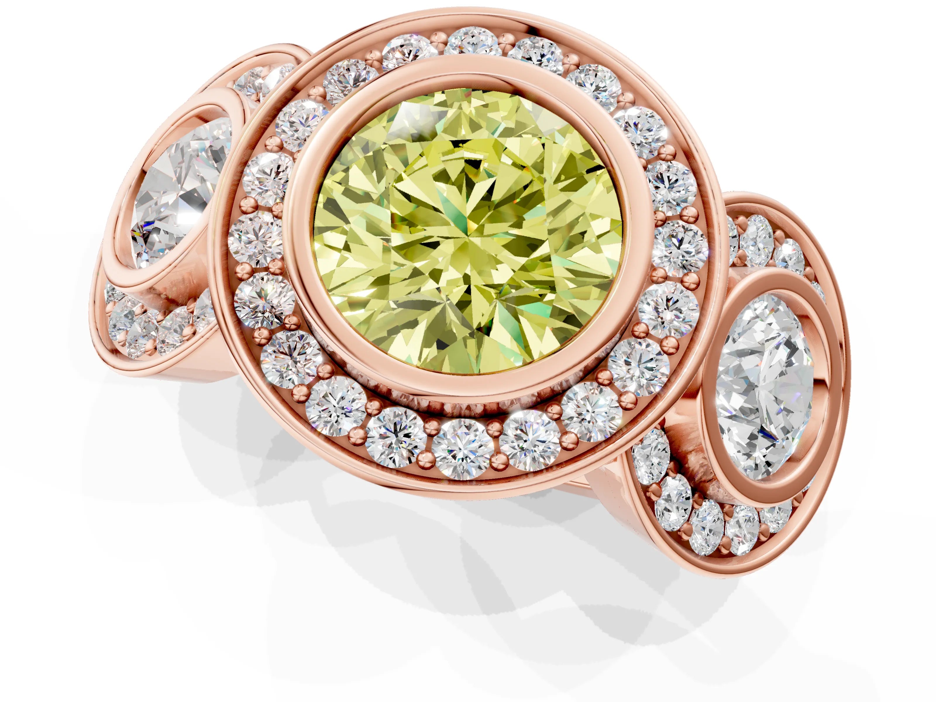 Rose gold Three-Stone Fancy Yellow Round Cut Halo Pavé Diamond Ring_1