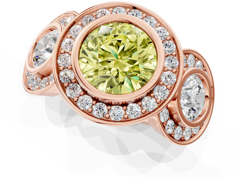 Rose gold Three-Stone Fancy Yellow Round Cut Halo Pavé Diamond Ring_1