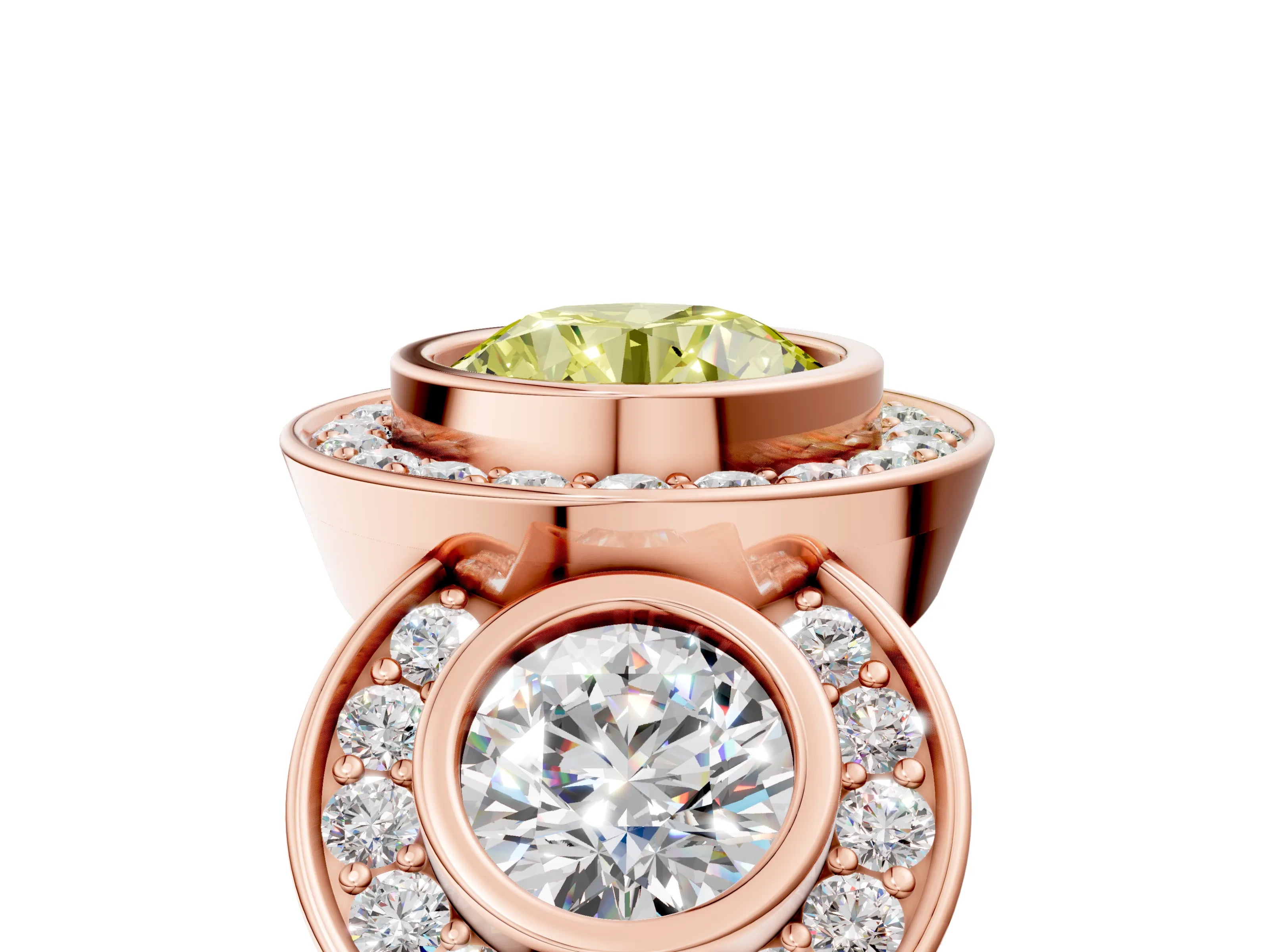 Rose gold Three-Stone Fancy Yellow Round Cut Halo Pavé Diamond Ring_5