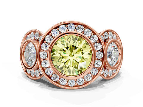 Rose gold Three-Stone Fancy Yellow Round Cut Halo Pavé Diamond Ring