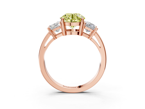 Rose Gold Round Three Stone Engagement Ring Setting for Fancy Yellow Center with Aligned Sides