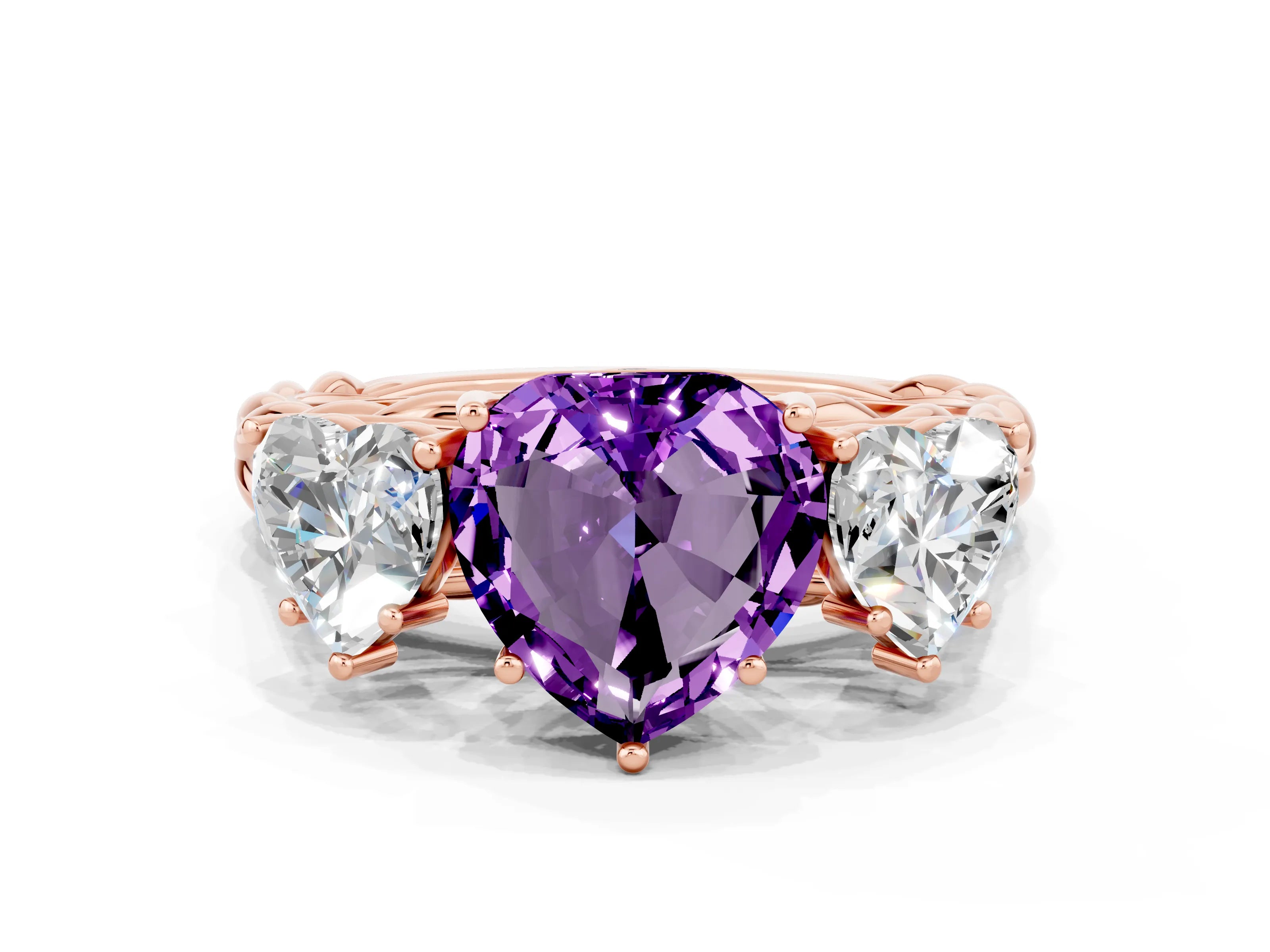 Rose gold Three-Stone Heart Cut Amethyst Braided Band Ring with Four-Prong Setting_12