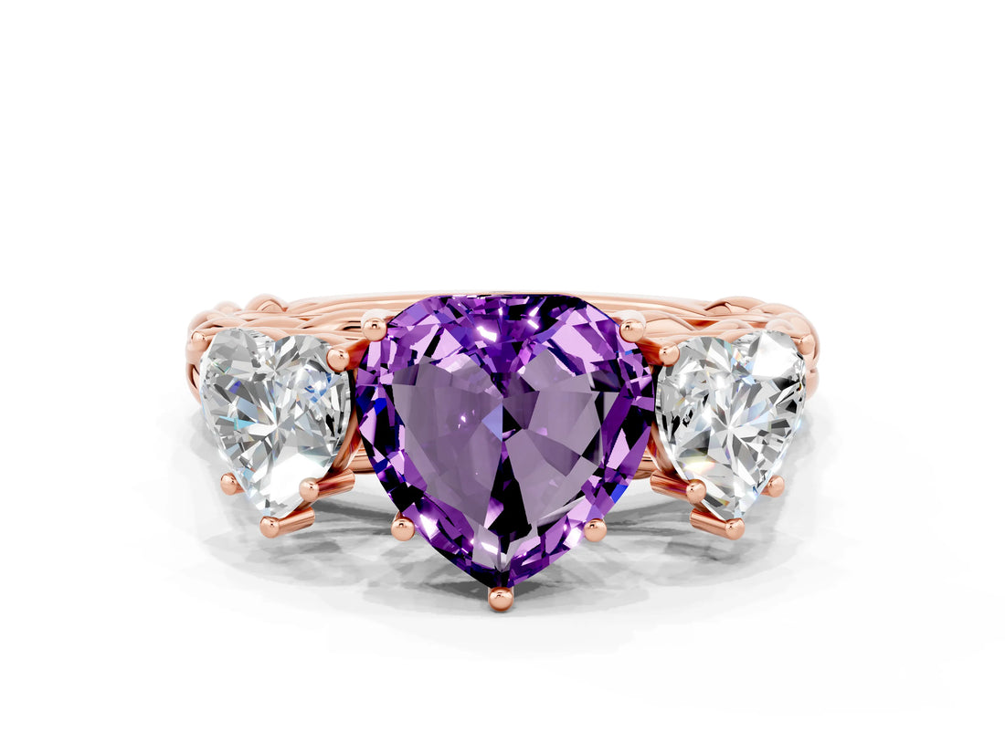 Rose gold Three-Stone Heart Cut Amethyst Braided Band Ring with Four-Prong Setting_12