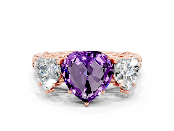 Rose gold Three-Stone Heart Cut Amethyst Braided Band Ring with Four-Prong Setting