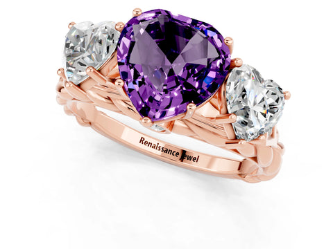 Rose gold Three-Stone Heart Cut Amethyst Braided Band Ring with Four-Prong Setting_13