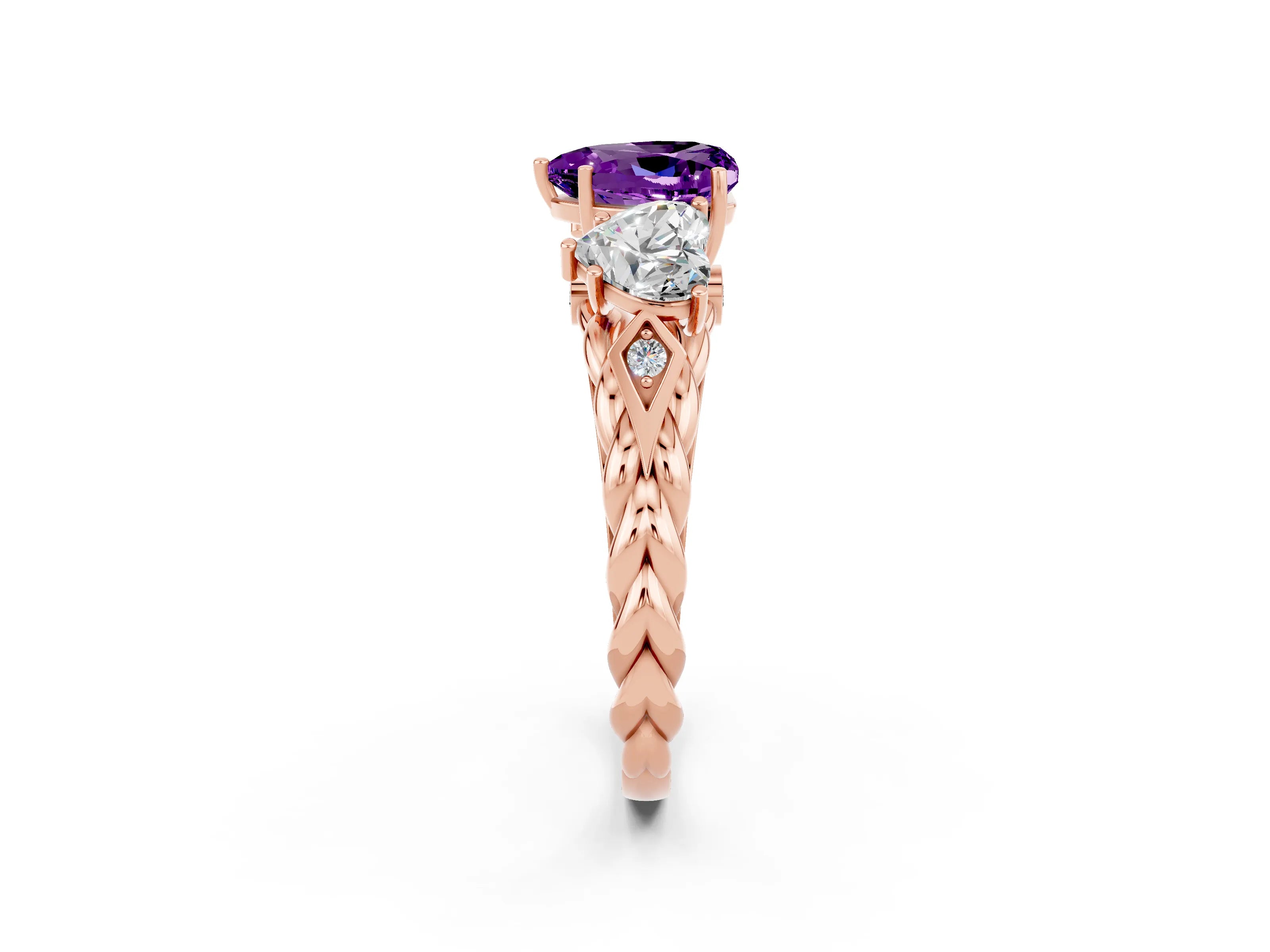 Rose gold Three-Stone Heart Cut Amethyst Braided Band Ring with Four-Prong Setting_14