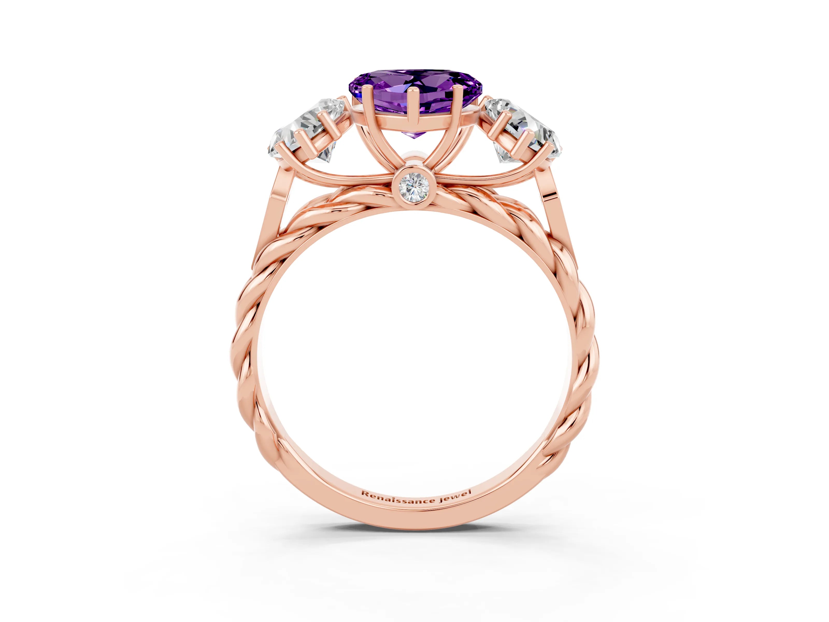 Rose gold Three-Stone Heart Cut Amethyst Braided Band Ring with Four-Prong Setting_15