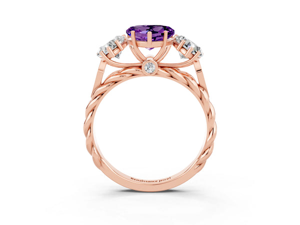 Rose gold Three-Stone Heart Cut Amethyst Braided Band Ring with Four-Prong Setting