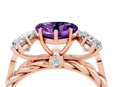 Rose gold Three-Stone Heart Cut Amethyst Braided Band Ring with Four-Prong Setting_16