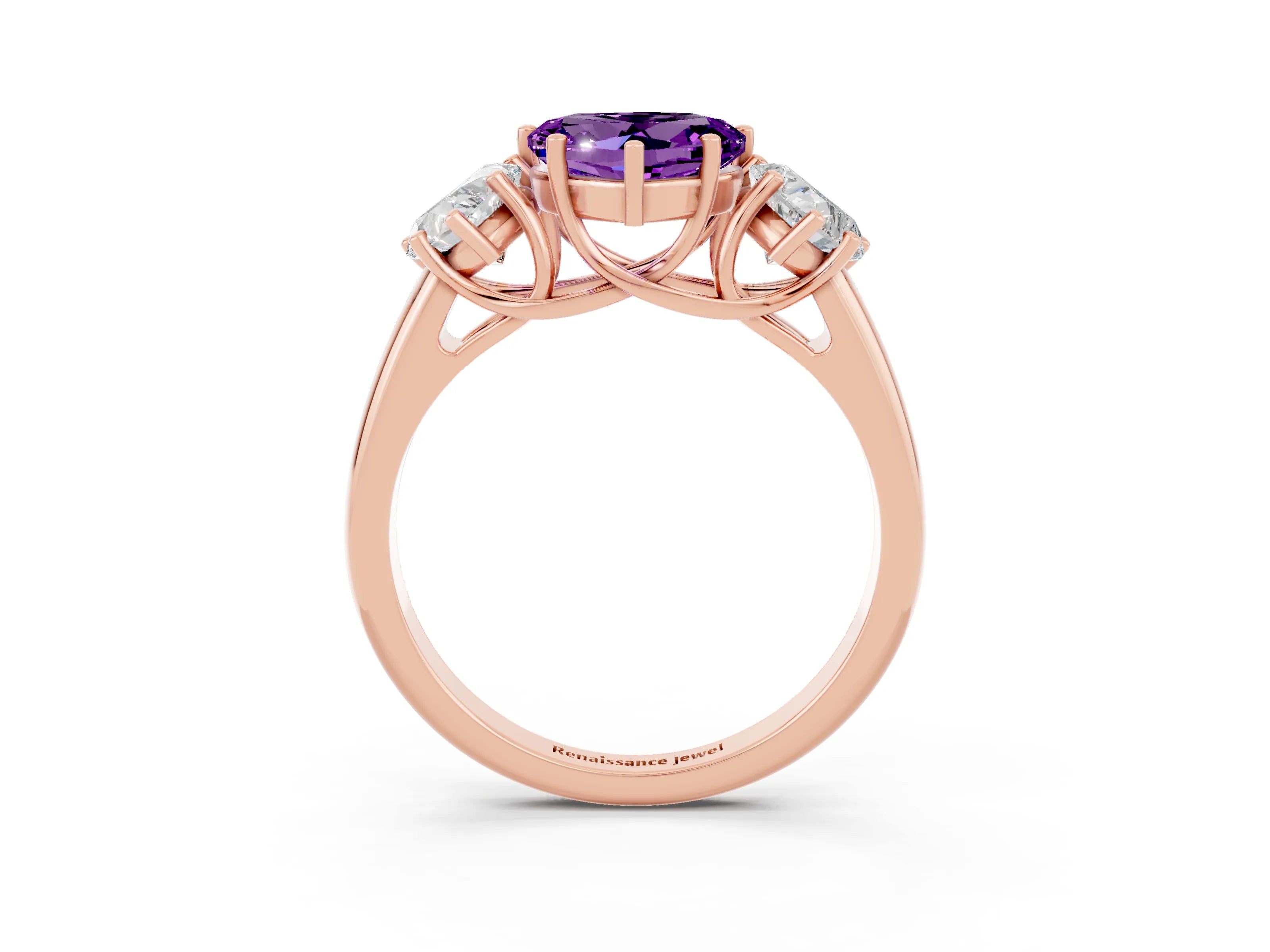 Rose gold Three-Stone Heart Cut Amethyst Engagement Ring with Prong Setting_3
