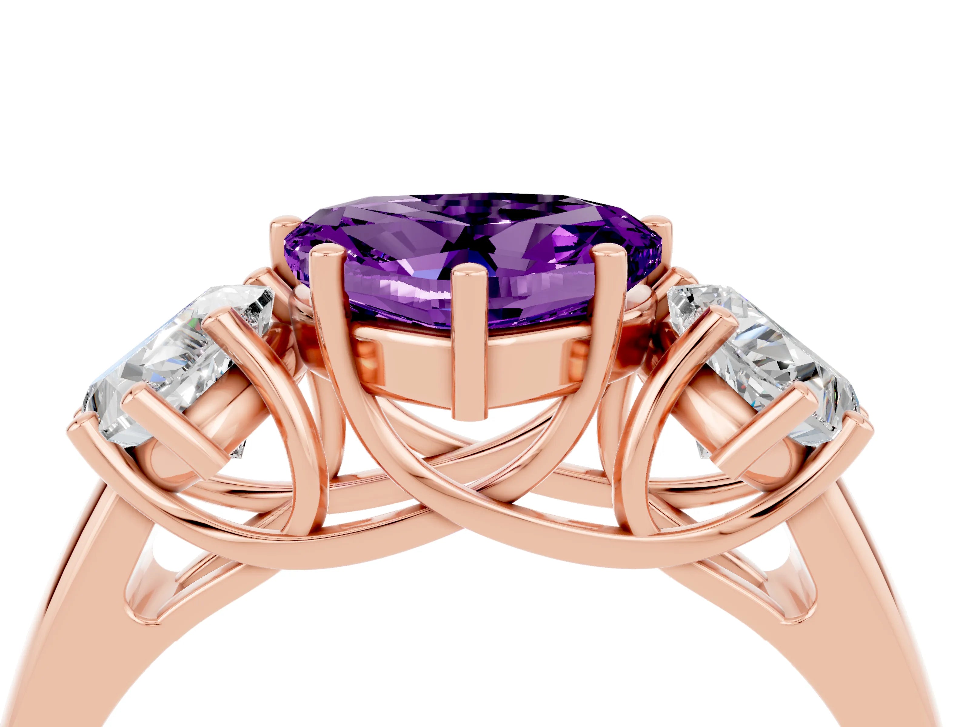 Rose gold Three-Stone Heart Cut Amethyst Engagement Ring with Prong Setting_4