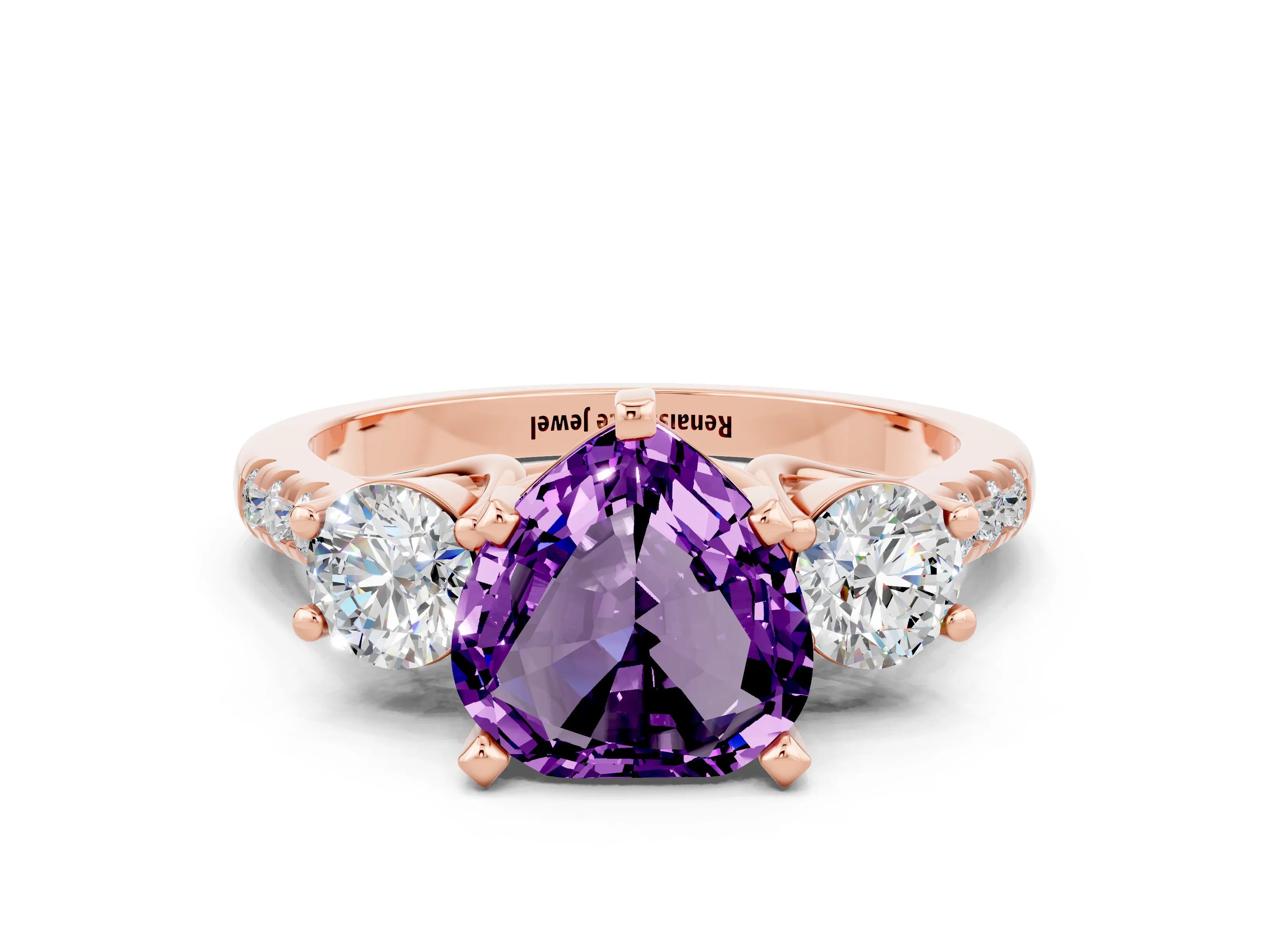 Rose gold Three-Stone Heart Cut Amethyst Pavé Band with Four-Prong Setting