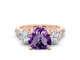 Rose gold Three-Stone Heart Cut Amethyst Pavé Band with Four-Prong Setting