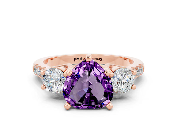 Rose gold Three-Stone Heart Cut Amethyst Pavé Band with Four-Prong Setting
