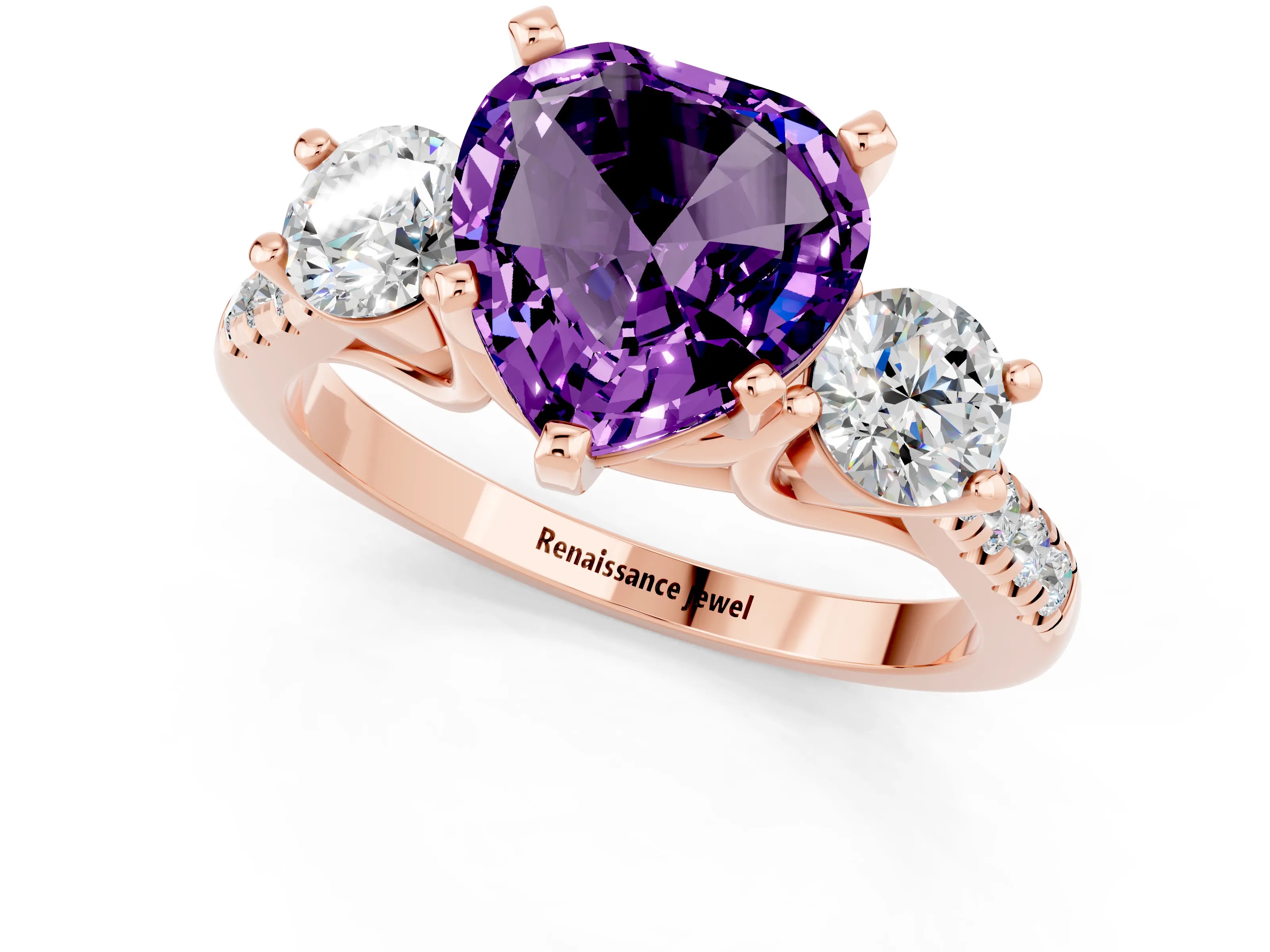Rose gold Three-Stone Heart Cut Amethyst Pavé Band with Four-Prong Setting_1