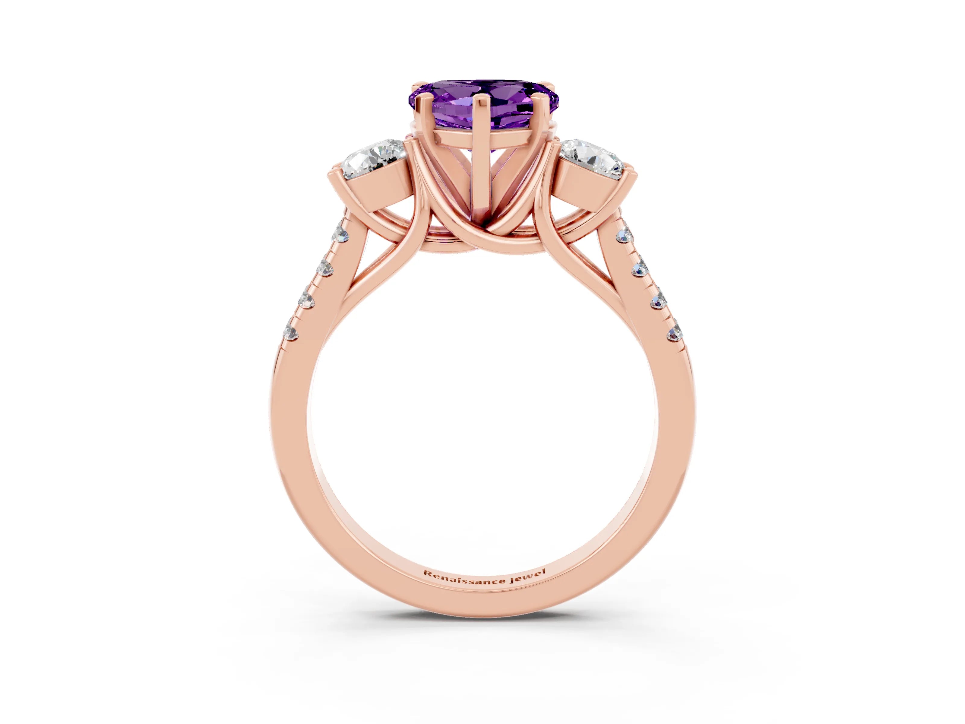 Rose gold Three-Stone Heart Cut Amethyst Pavé Band with Four-Prong Setting_3