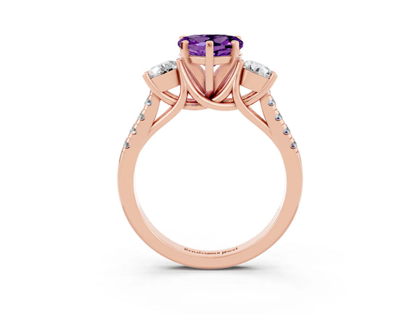 Rose gold Three-Stone Heart Cut Amethyst Pavé Band with Four-Prong Setting