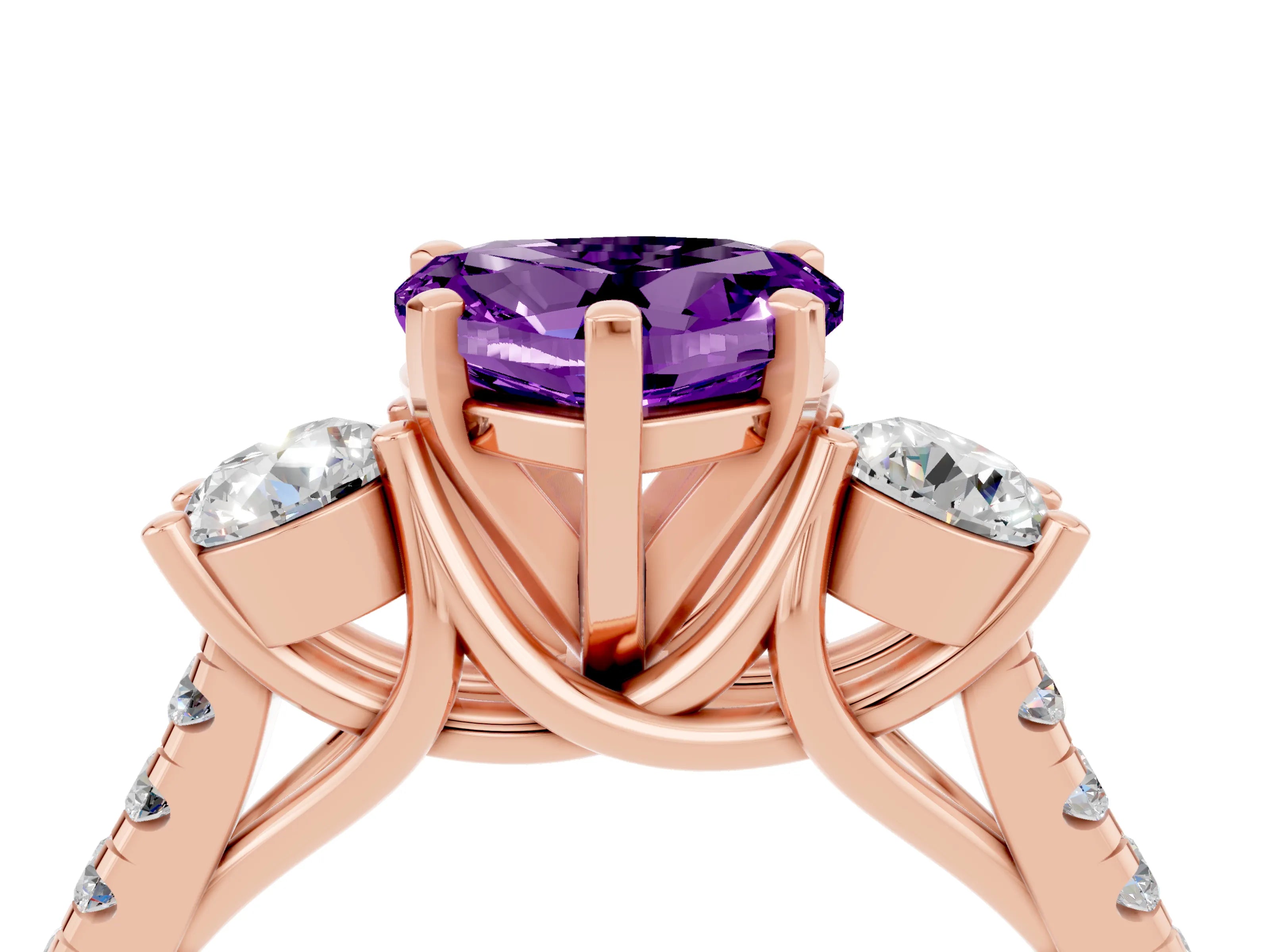 Rose gold Three-Stone Heart Cut Amethyst Pavé Band with Four-Prong Setting_4