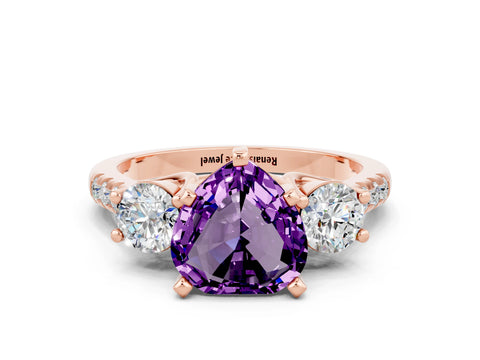 Rose gold Three-Stone Heart Cut Amethyst Pavé Band with Four-Prong Setting