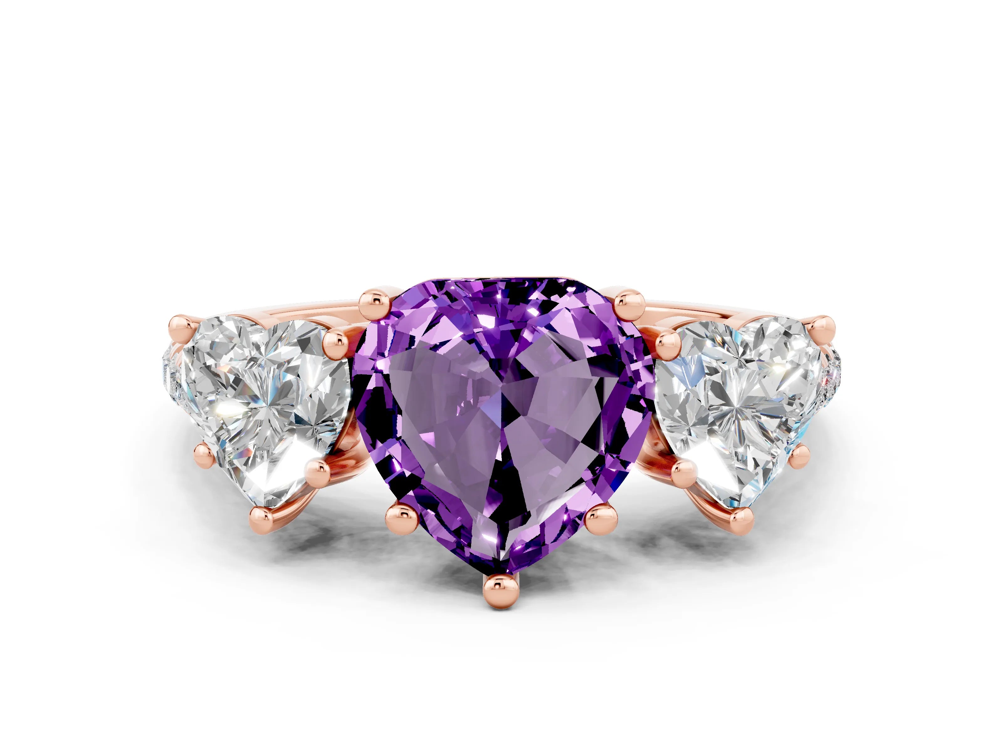 Rose gold Three-Stone Heart Cut Amethyst Ring with Pavé Band and Prong Setting_12