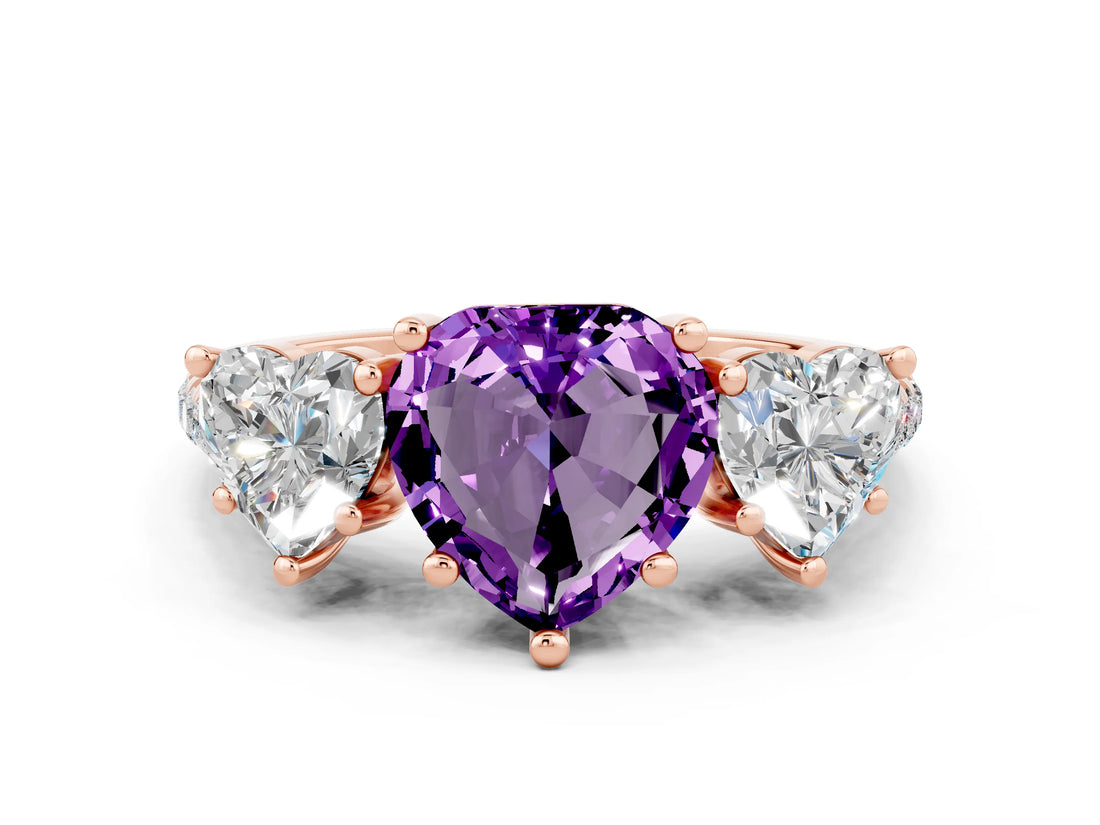 Rose gold Three-Stone Heart Cut Amethyst Ring with Pavé Band and Prong Setting_12