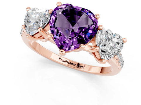 Rose gold Three-Stone Heart Cut Amethyst Ring with Pavé Band and Prong Setting_13