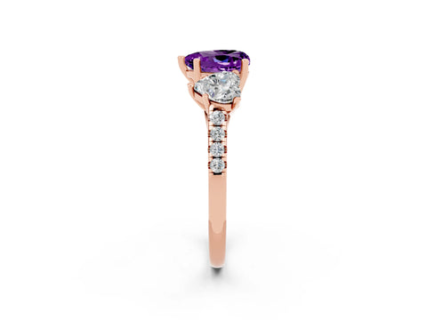 Rose gold Three-Stone Heart Cut Amethyst Ring with Pavé Band and Prong Setting_14