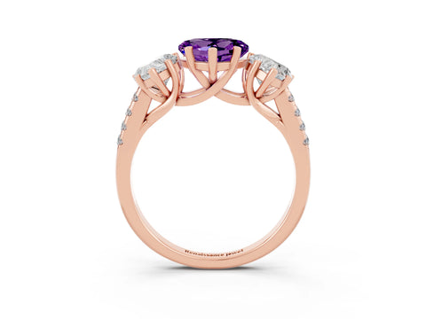 Rose gold Three-Stone Heart Cut Amethyst Ring with Pavé Band and Prong Setting_15